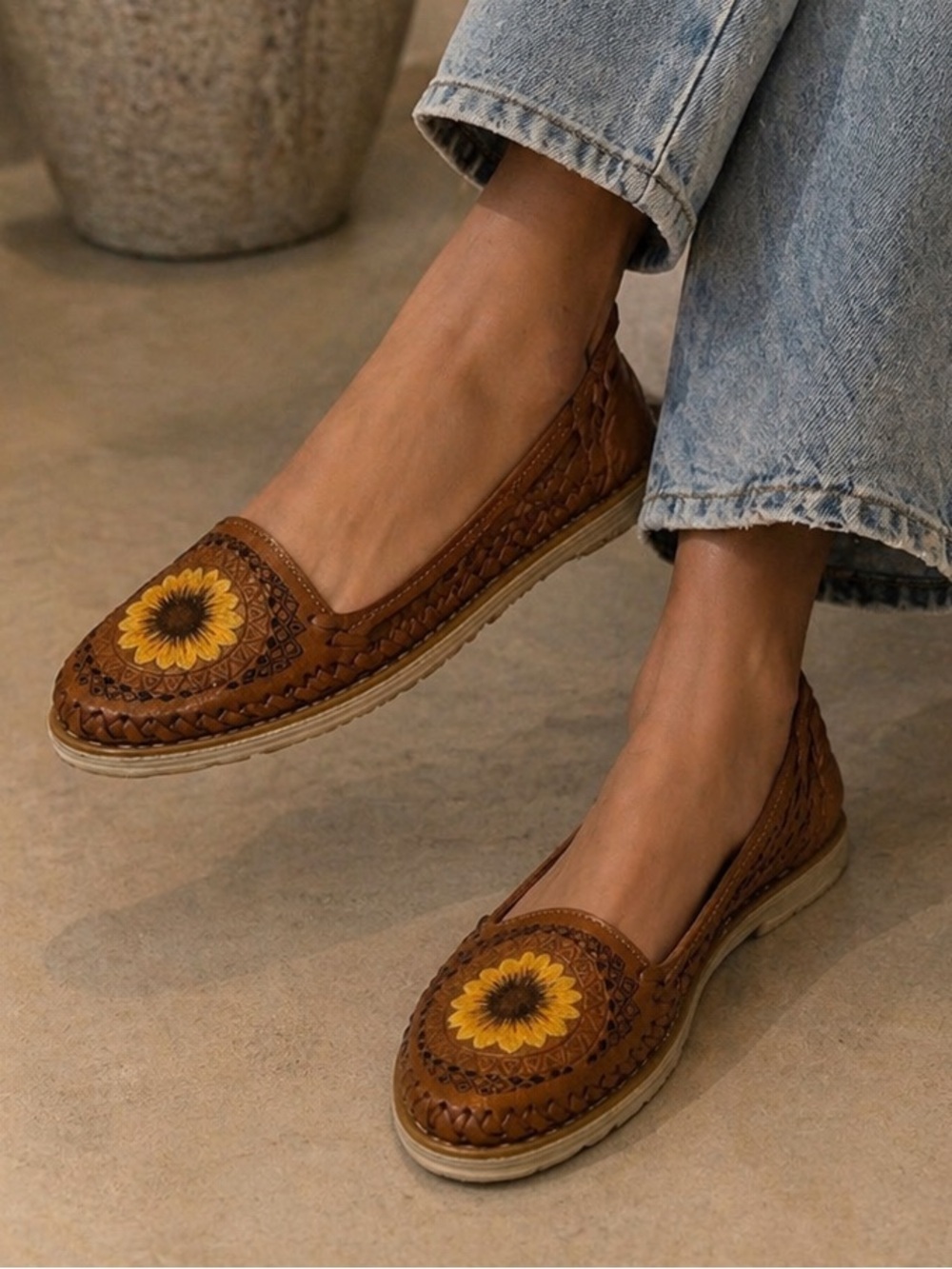 Women's Brown Leather Sunflower-Embroidered Slip-On Flats
